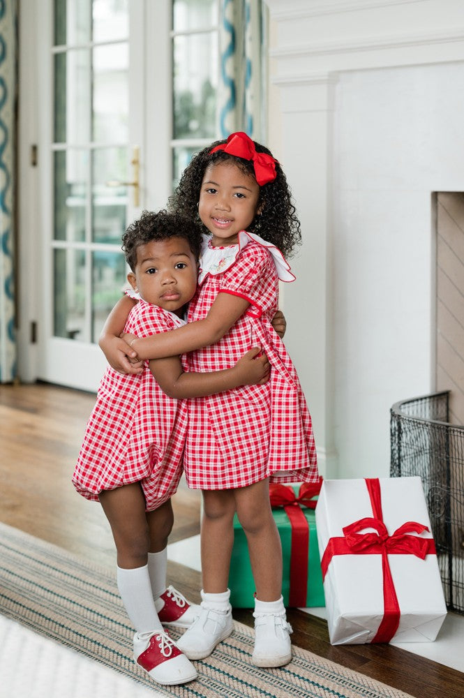 Proper Peony Baby Boys Christmas Bubble - Red Check Embroidered Golden Bells