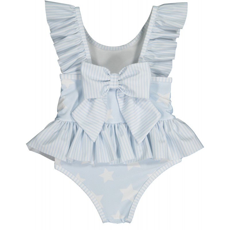 Sal & Pimenta Girls Swimsuit - Ruffle One Piece - Bow on Back - Blue Sky with White Stars