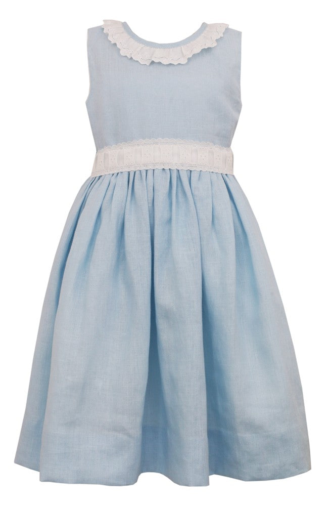 Claire & Charlie Girls Blue Linen Sleeveless Dress with Sash