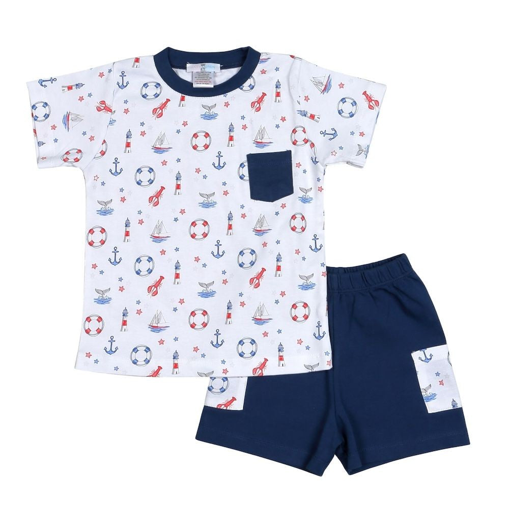 Baby Loren Boys Navy Blue Ahoy Sailor Shorts Set by Baby Loren
