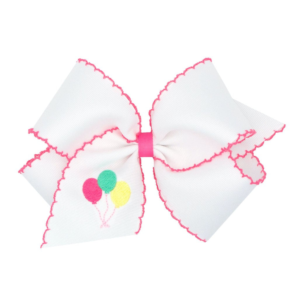 Wee Ones Girls White Hair Bow - Hot Pink Moonstitch - Embroidered Birthday Balloons