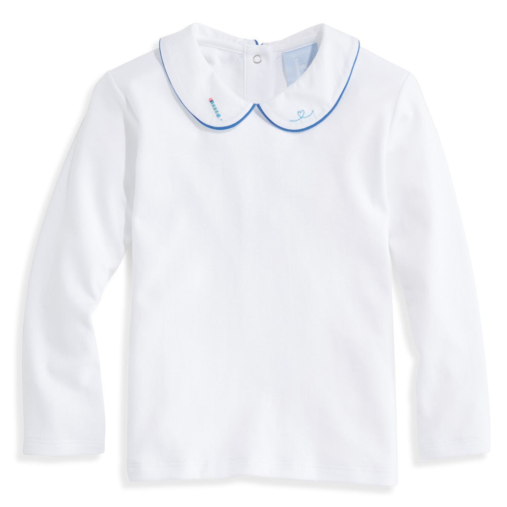 bella bliss Girls White Knit Peter Pan Collar Blouse - Embroidery School Pencil by bella bliss