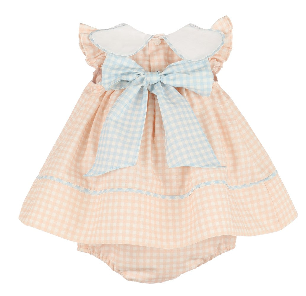 Sophie & Lucas Girls Classic Petal Collar Float Dress - Blue Bow on Back - Peach Gingham by Sophie & Lucas