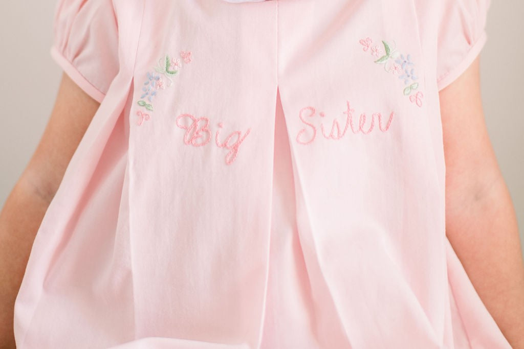 Proper Peony Girls Embroidered Big Sister Dress with Collar - Pink