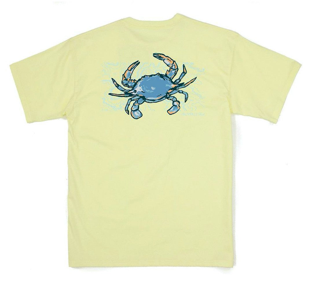 Properly Tied Blue T-Shirt - Logo Pocket on Front - Back Graphic - Yellow Topo Crab by Properly Tied