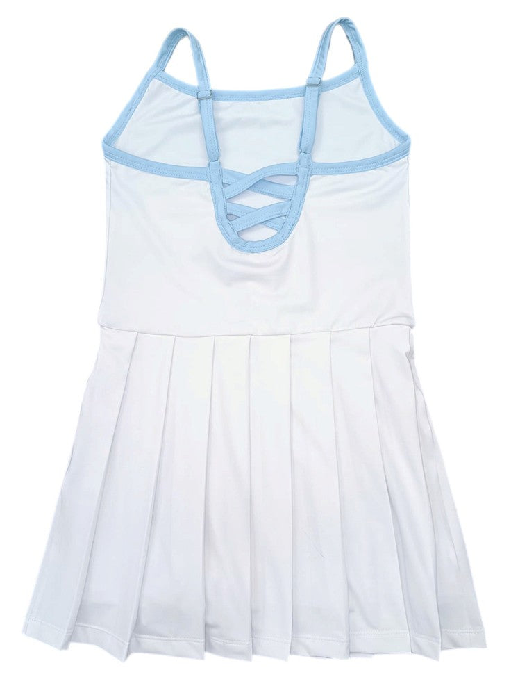 Be Elizabeth by James & Lottie Girls Pleated White Athleisure Tennis Dress - Piped in Blue