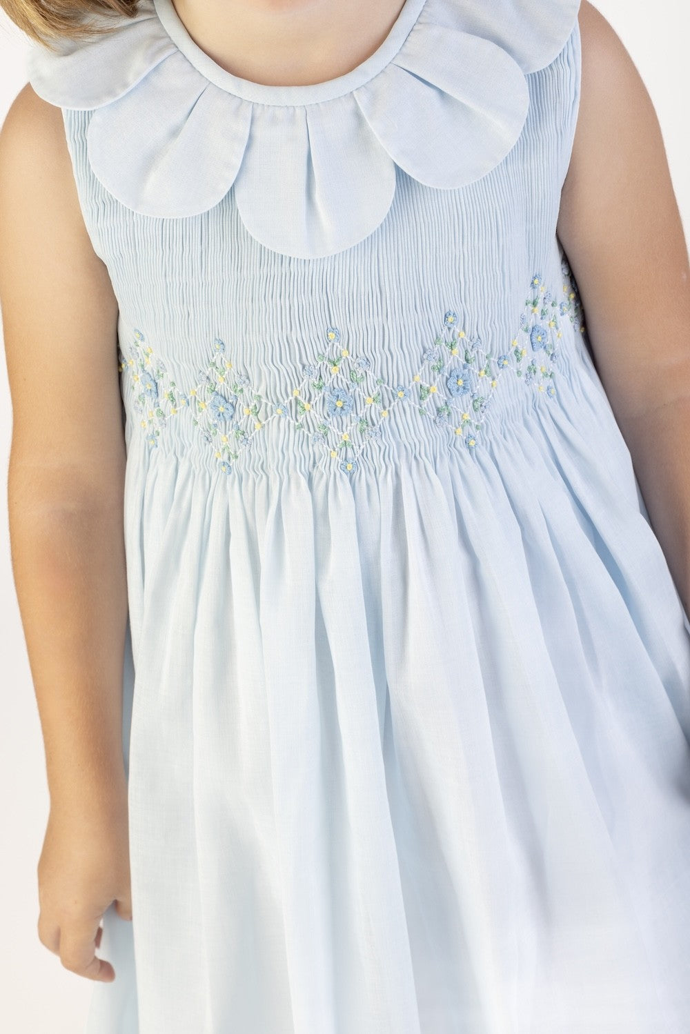 Luli & Me Girls Classical Diamond Smocked Petal Collar Sleeveless Dress - Blue