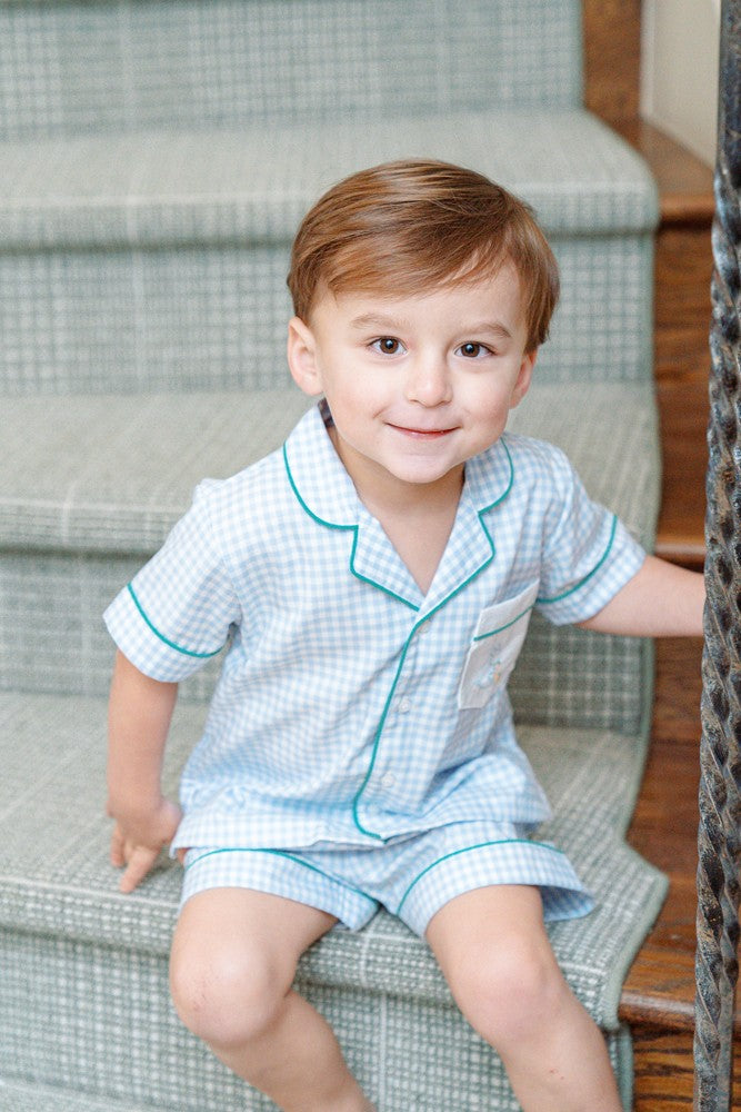 Proper Peony Boys Short Loungewear Set - Bitsy Blue Gingham Easter