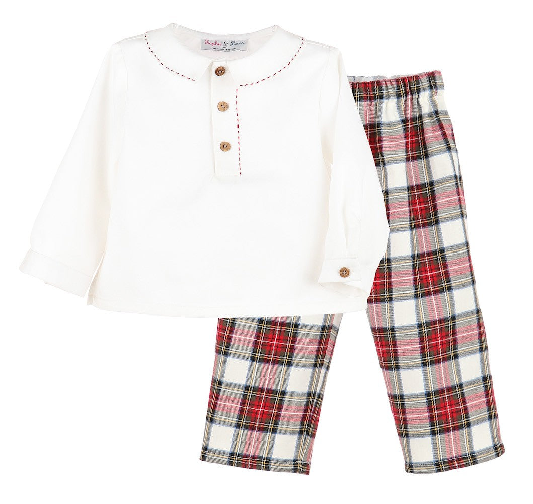 Sophie & Lucas Boys Pants Set with Shirt - Red Holiday Stewart Plaid