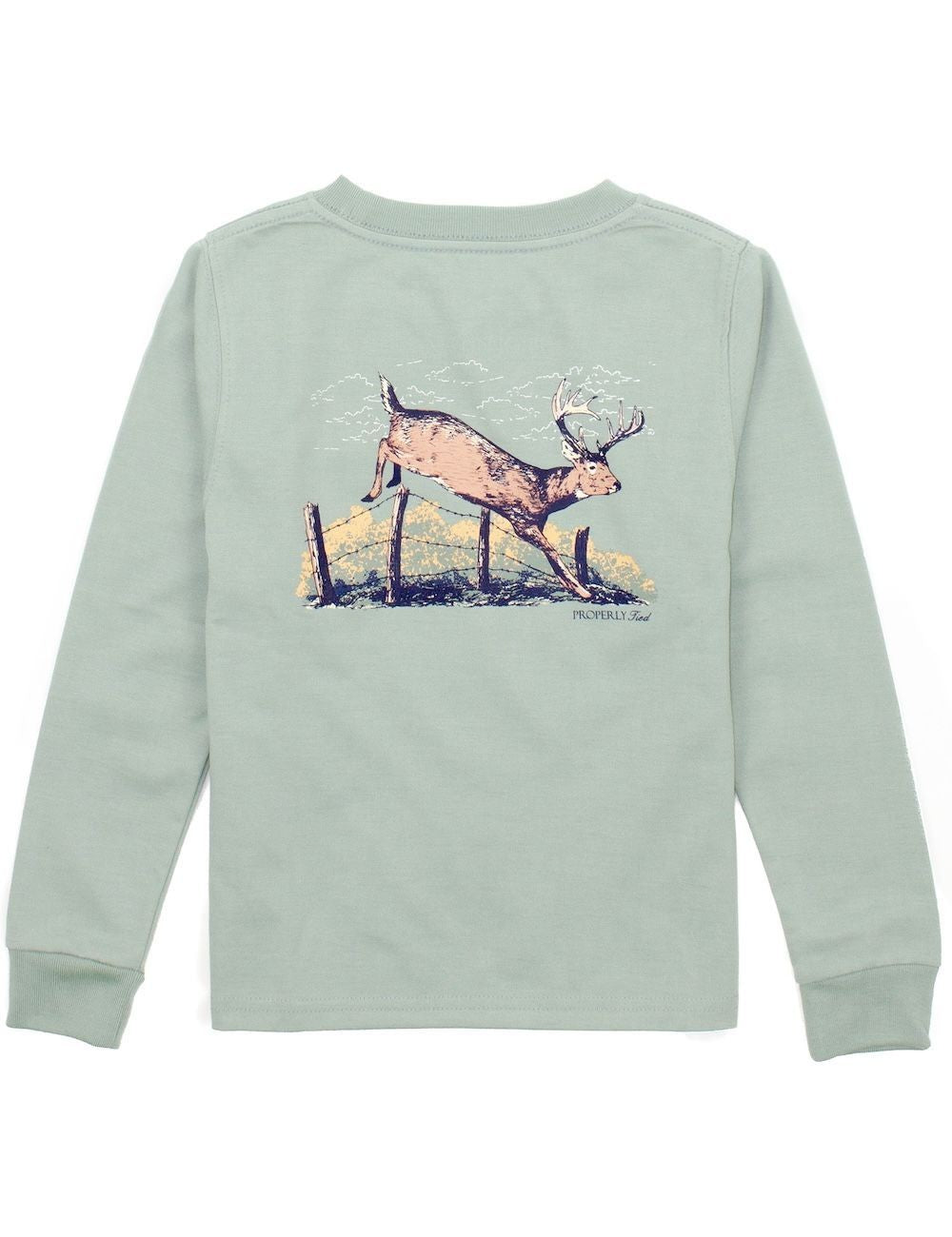 Properly Tied Boys Shirt - Logo Pocket on Front - Back Graphic - Jumping Buck on Sage Green by Properly Tied