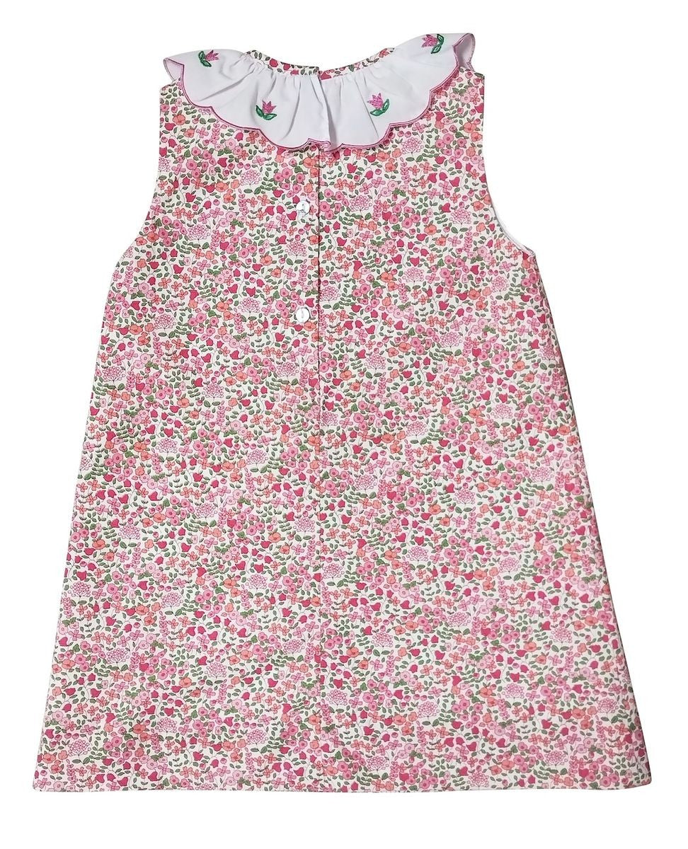 Marco & Lizzy Girls Pink Floral Sleeveless Dress - Embroidered Collar