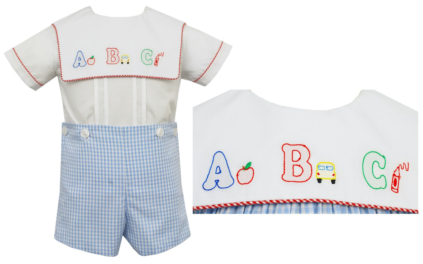 Anavini Boys Blue Gingham School Short Set - Square Collar - Embroidery ABC