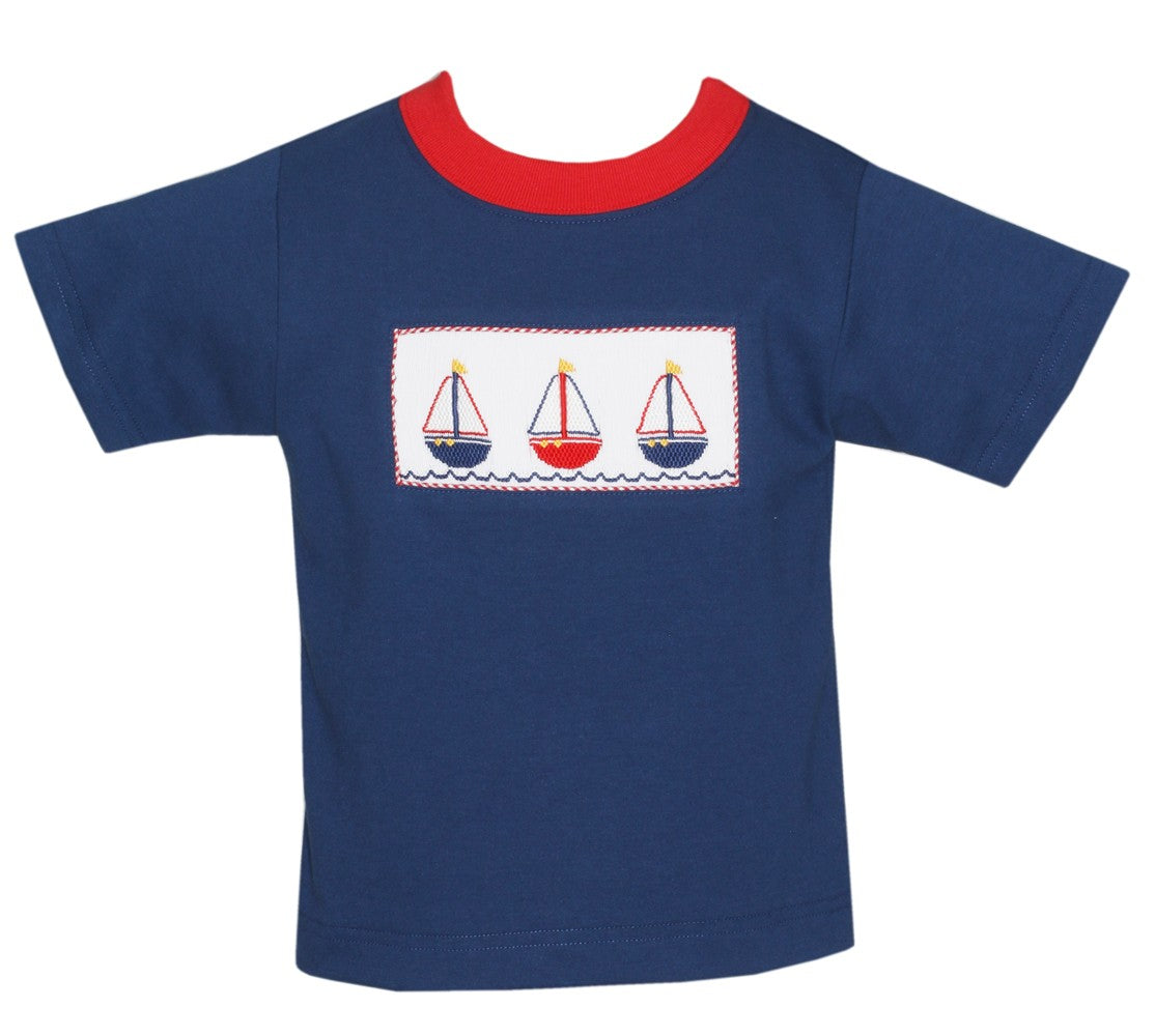 Anavini Boys Navy Blue Shirt - Smocked Sailboats