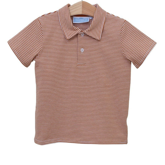 Trotter Street Kids Boys Henry Game Day Polo Shirt - Burnt Orange Stripes - Texas