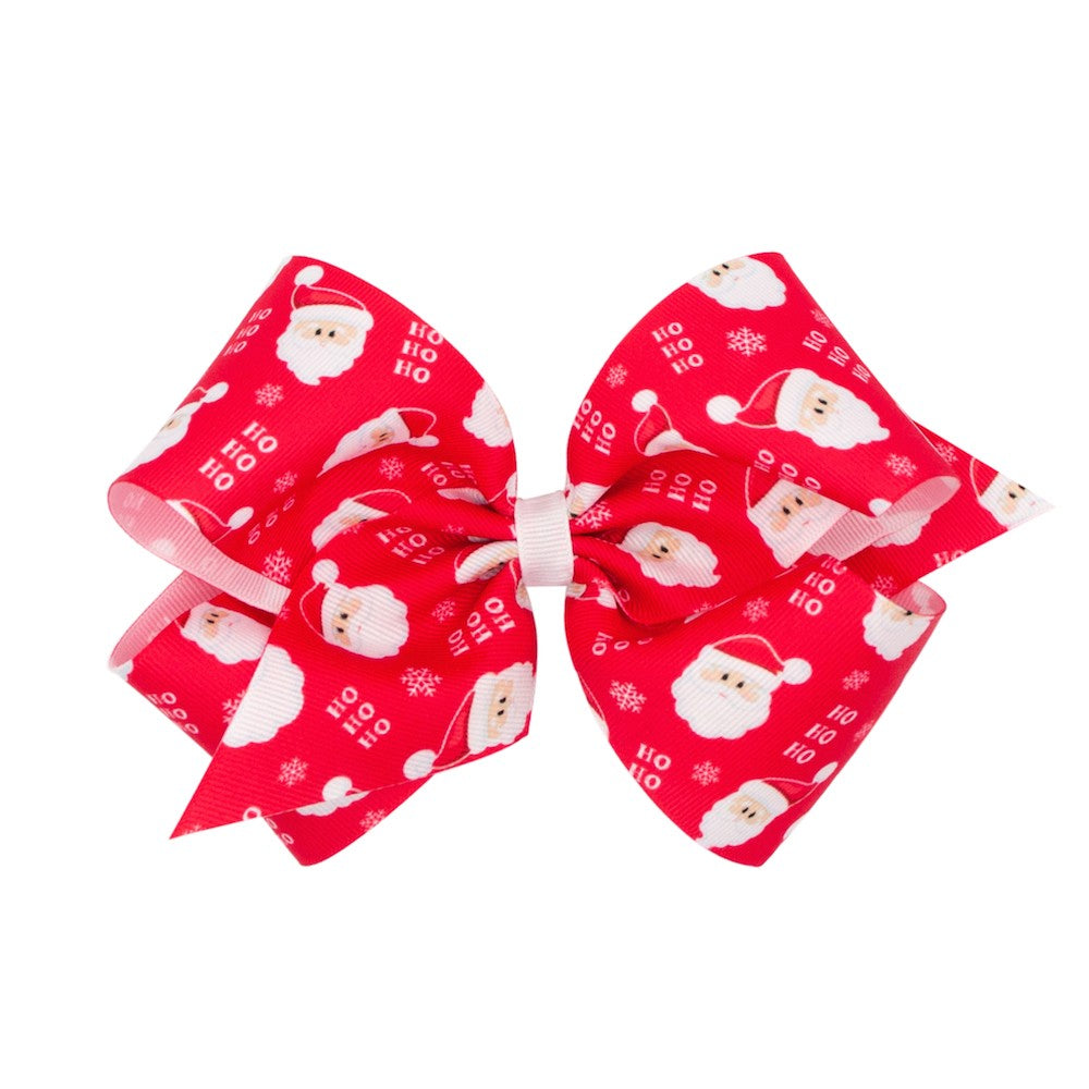 Wee Ones Girls Grosgrain Holiday Print Hair Bow - Red Santa Claus HO HO HO