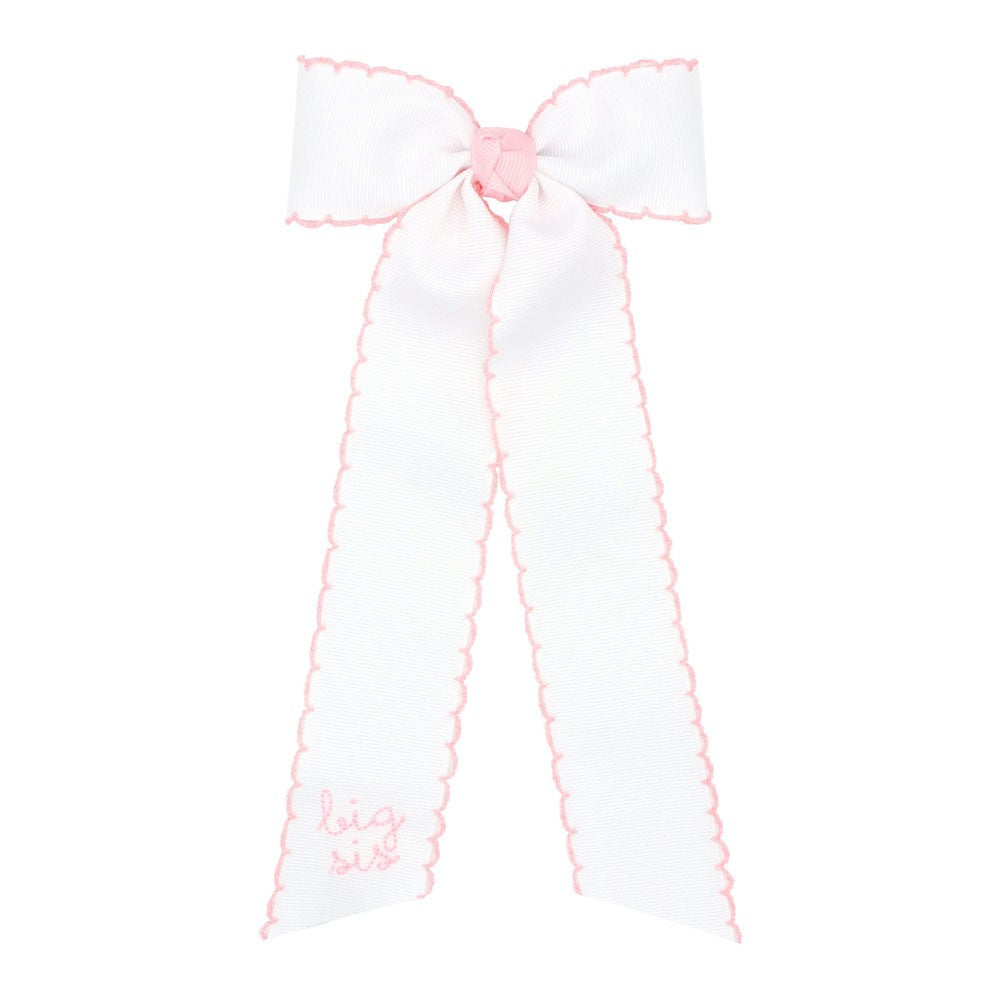 Wee Ones Girls Big Sister Bow - White with Pink Moonstitch - Embroidered Big Sis with Streamer Tails