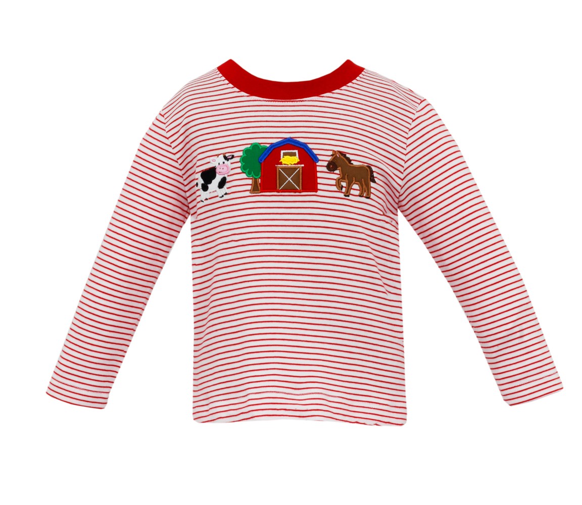 Claire & Charlie Boys Shirt - Red Stripes - Farm Barn Scene