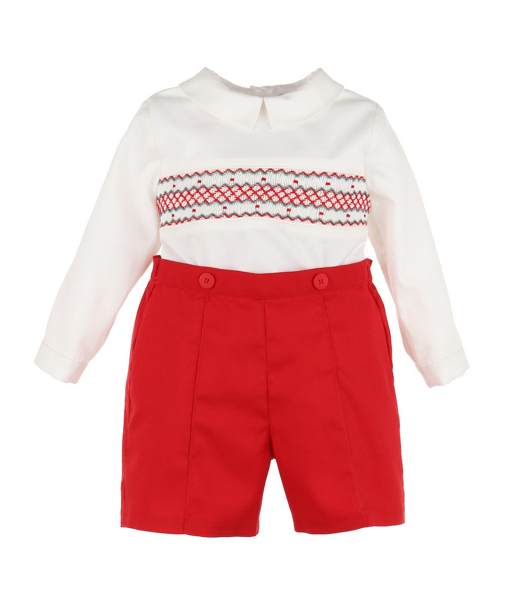 Luli & Me Boys Classic Red Christmas Smocked Button On Outfit