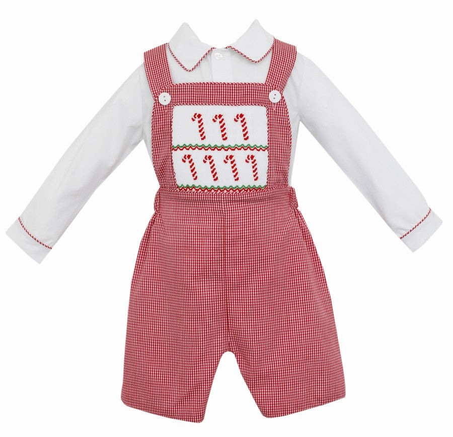Anavini Baby / Toddler Boys Red Check Smocked Candy Canes Overall with Shirt by Anavini