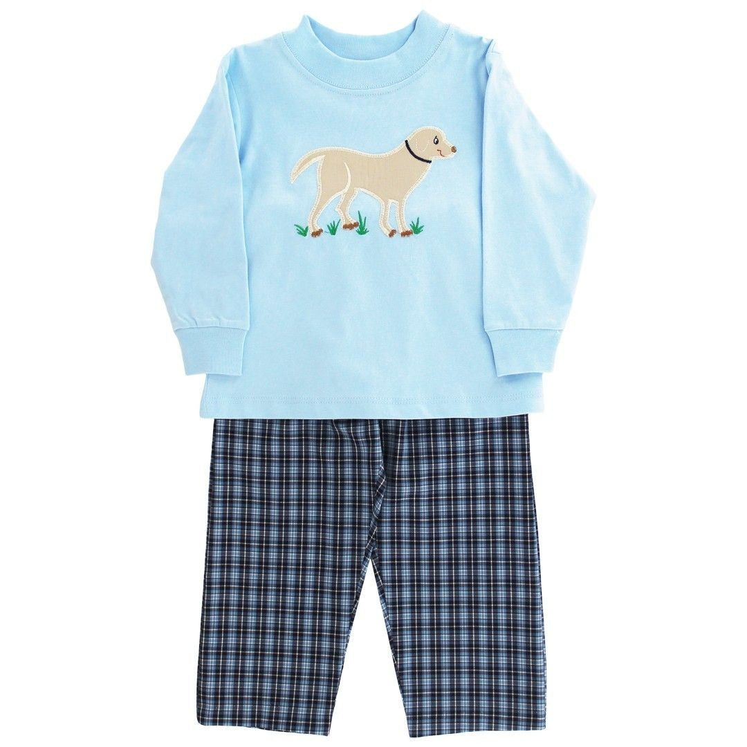 Bailey Boys Pants Set - Blue Plaid with Applique Dog Shirt