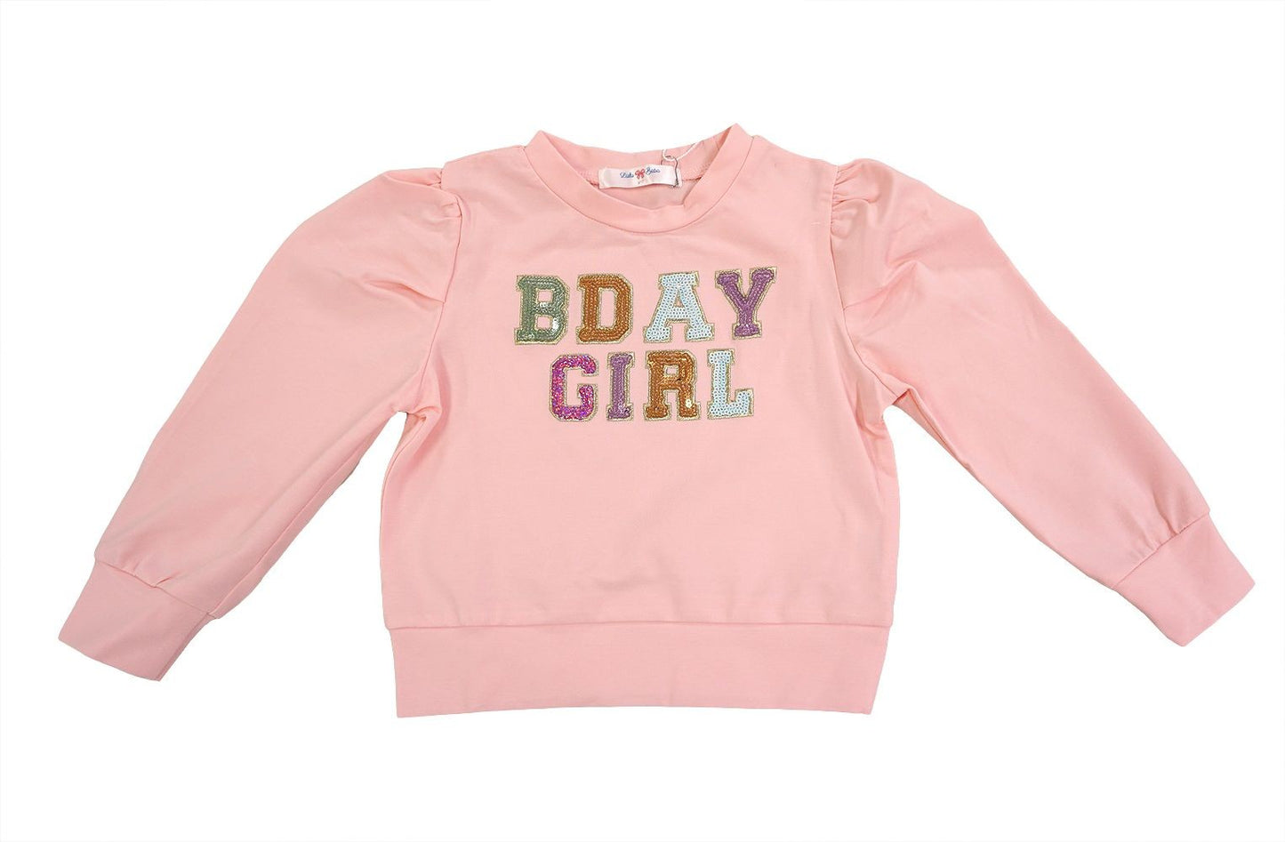 LuLu BeBe Girls Sequins B-Day Girl Birthday Puff Sleeve Top - Pink with Long Sleeves