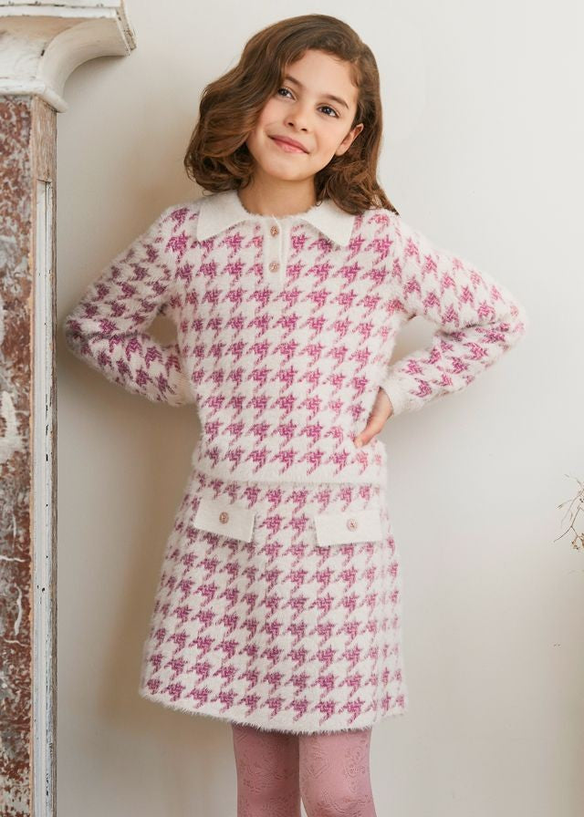 Abel & Lula Girls Pink Houndstooth Sweater Knit Skirt Set