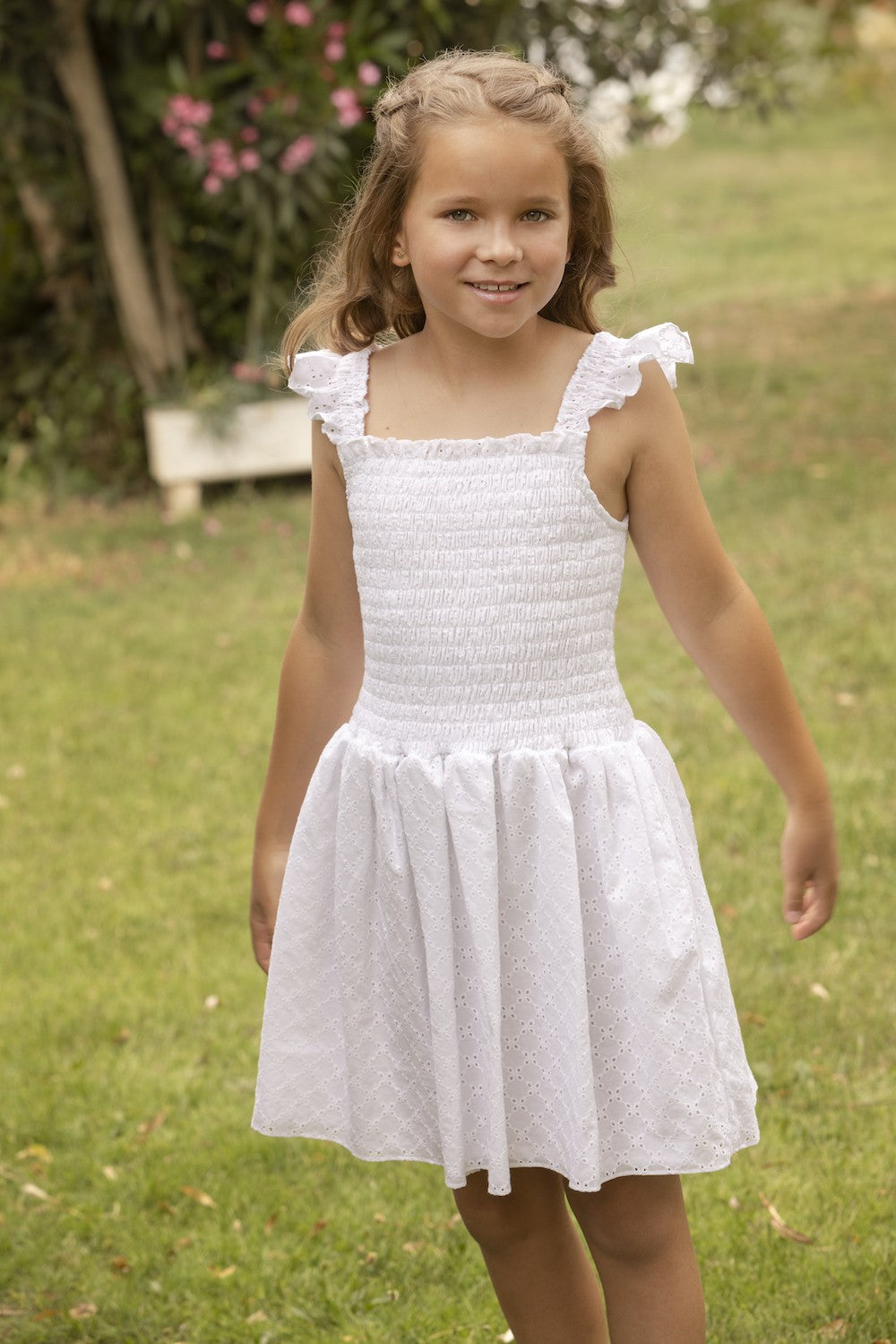Luli & Me Gabby Girls Smocked White Eyelet Kate Flutter Sleeve Sun Dress