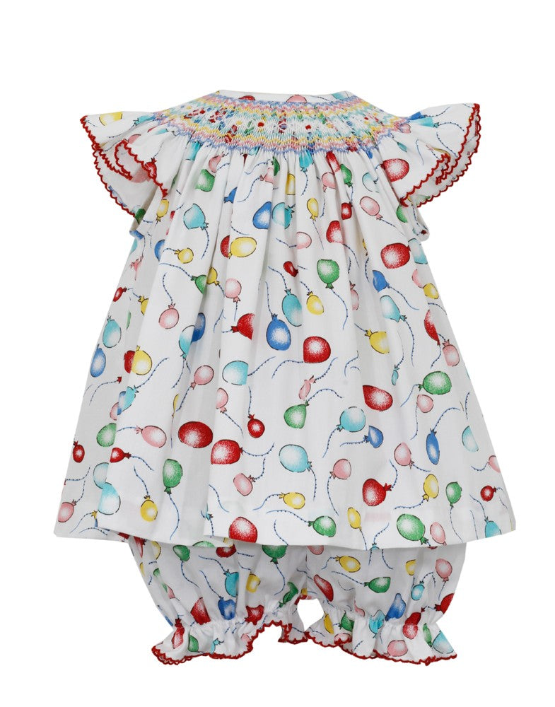 Petit Bebe Baby Girls Birthday Balloons Print Smocked Bloomers Set