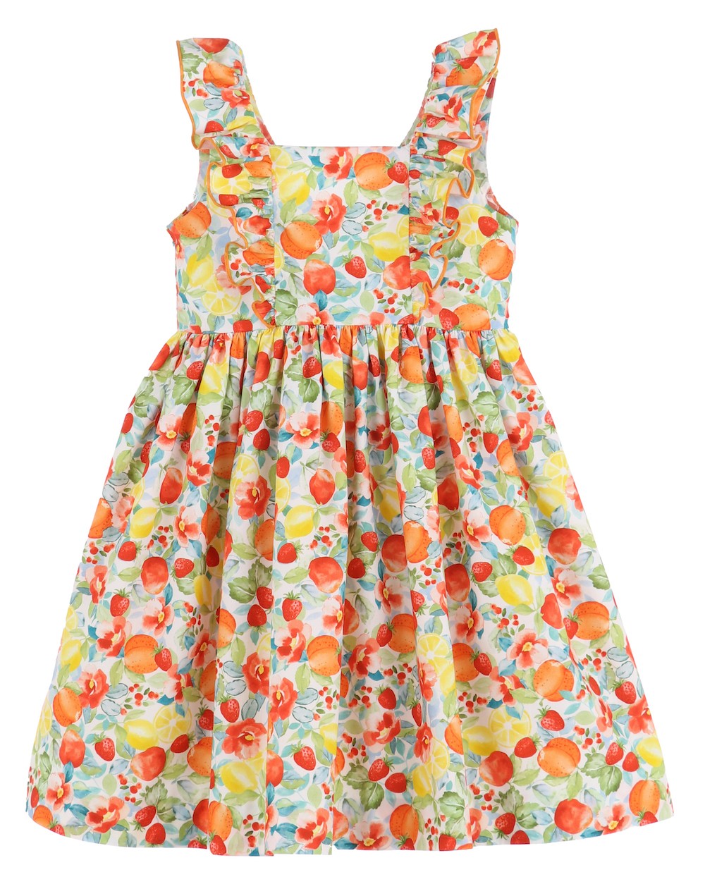 Luli & Me Girls Orange Fruity Ruffle Dress with Bow in Back
