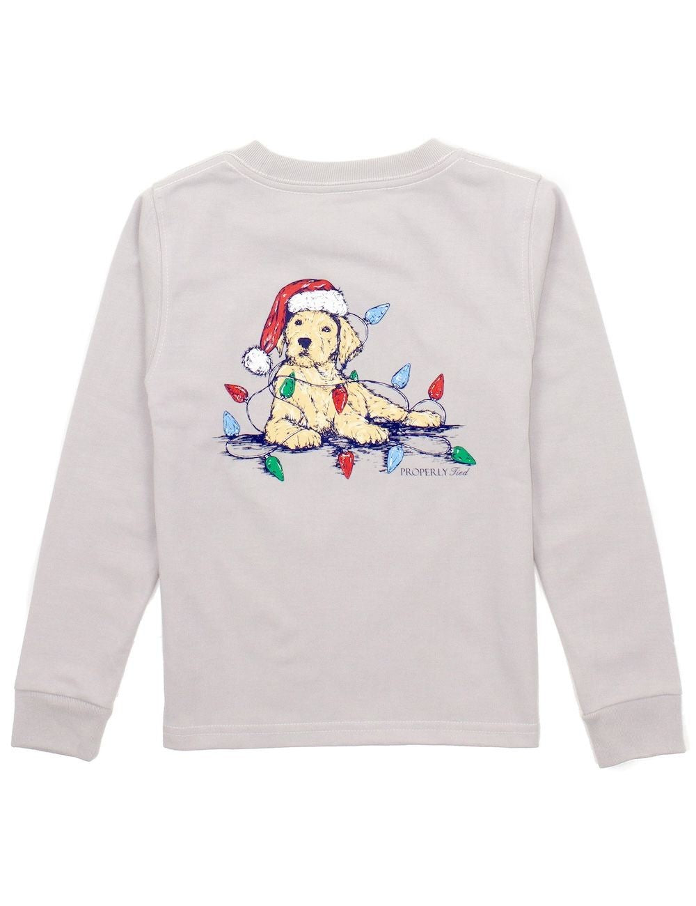 Properly Tied Boys Shirt - Logo Pocket on Front - Back Graphic - Santa Paws Puppy Dog on Ice Grey