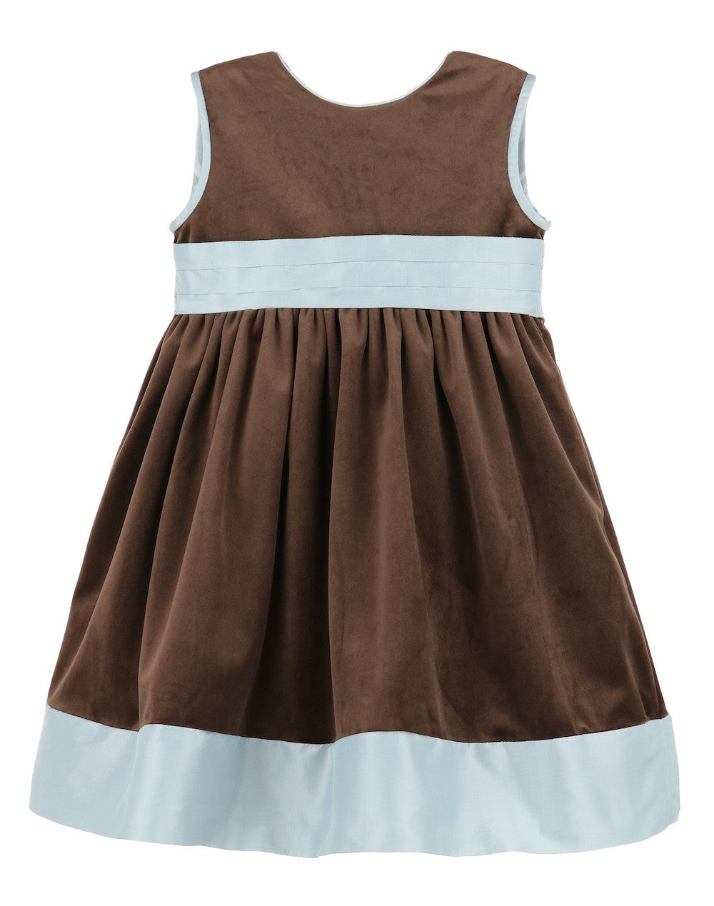 Luli & Me Girls Sleeveless Velvet Dress - Cocoa Brown - Blue Trim & Sash
