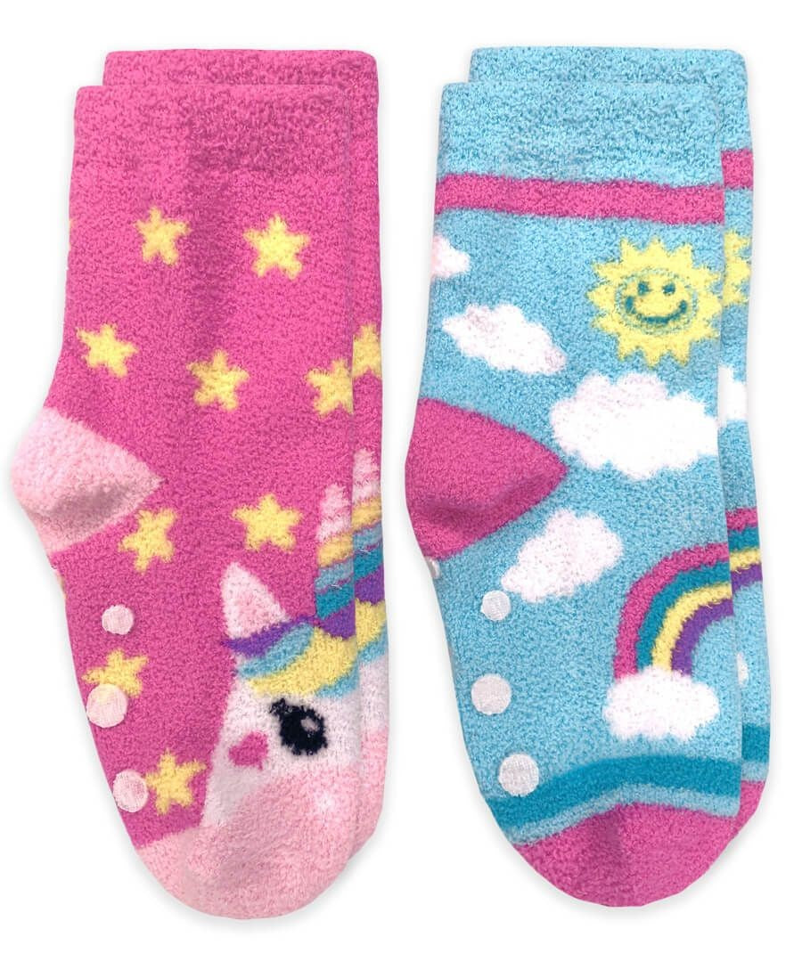 Jefferies Socks - Girls Fuzzy Slipper Socks - Pink Unicorn / Blue Rainbow - 2 Pack