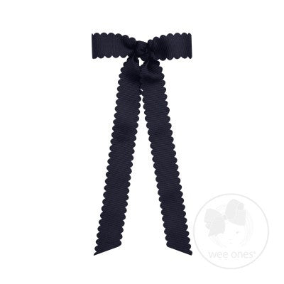 Wee Ones Girls Grosgrain Hair Bow with Streamers - Scallop Edge - Navy Blue