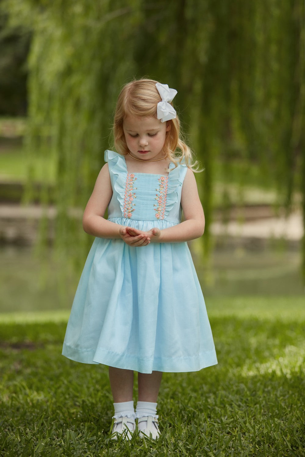 Luli & Me Girls Square Neck Smocked Ruffles Dress - Blue