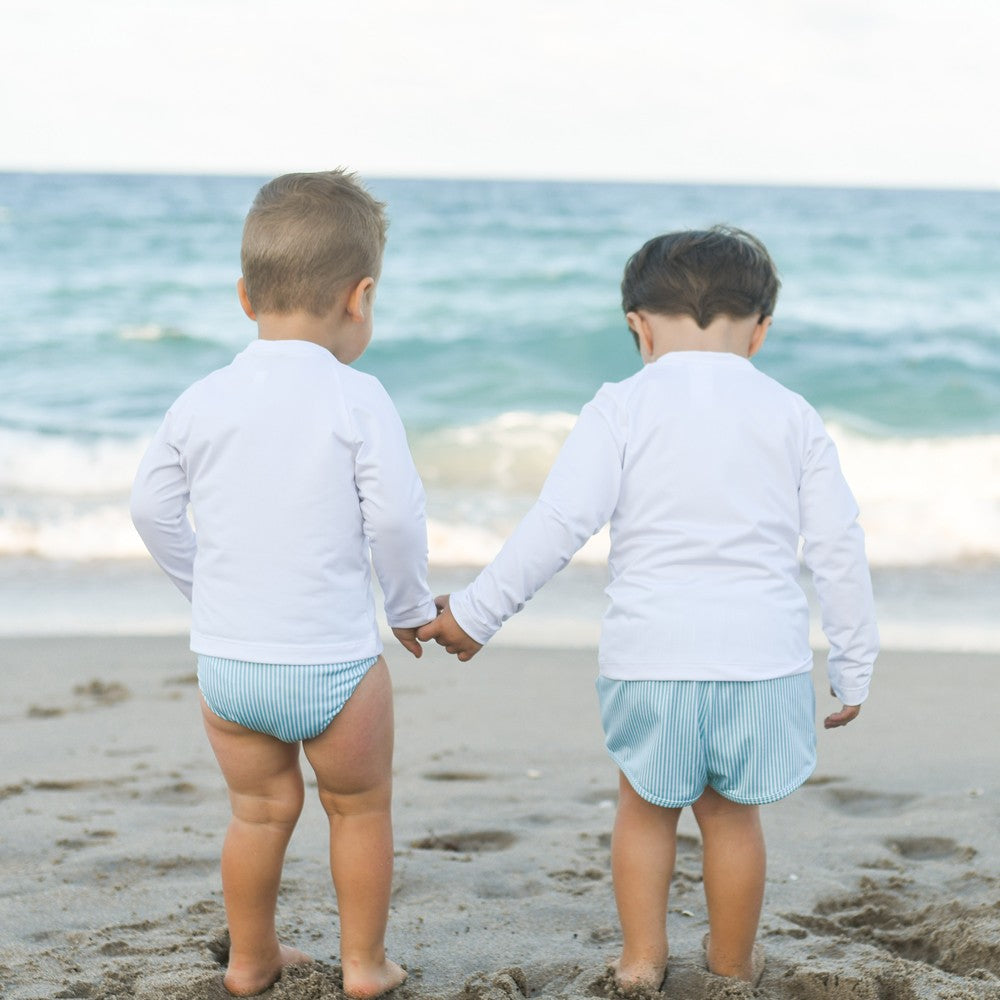 James & Lottie Boys James Swim Shorts Trunks - Thin Aqua Stripes by James & Lottie