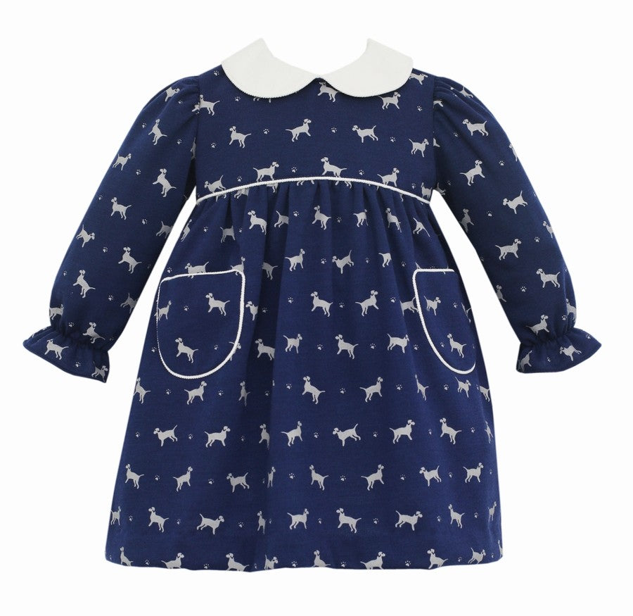 Claire & Charlie Girls Navy Blue Labrador Dogs Print Dress with Pockets