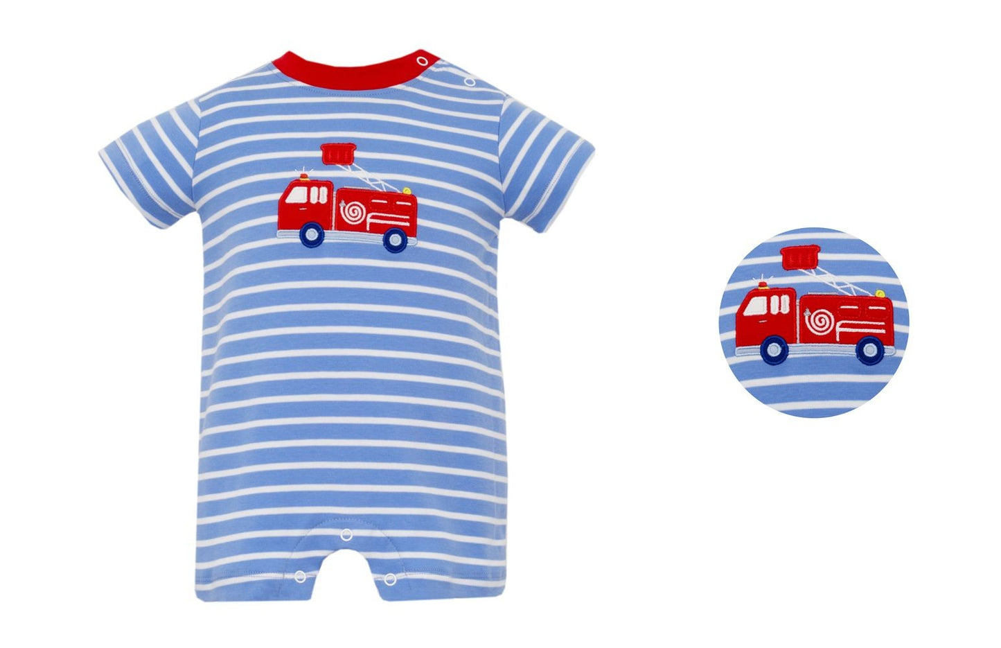 Claire & Charlie Baby Boys Blue Striped Firetruck Romper by Claire & Charlie