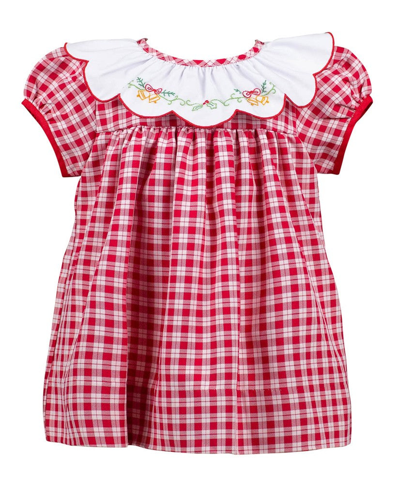 Proper Peony Girls Christmas Dress - Red Check Embroidered Golden Bells