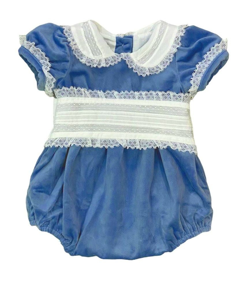 LuLu BeBe Baby Girls Velvet Bubble with Lace Trim - Wedgewood Blue