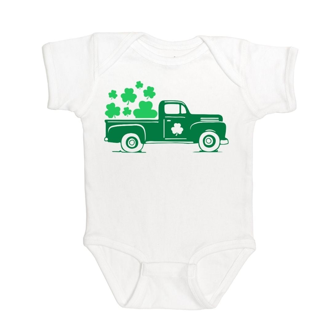 Sweet Wink Baby Boys White Onesie - Green Truck Full of Shamrocks