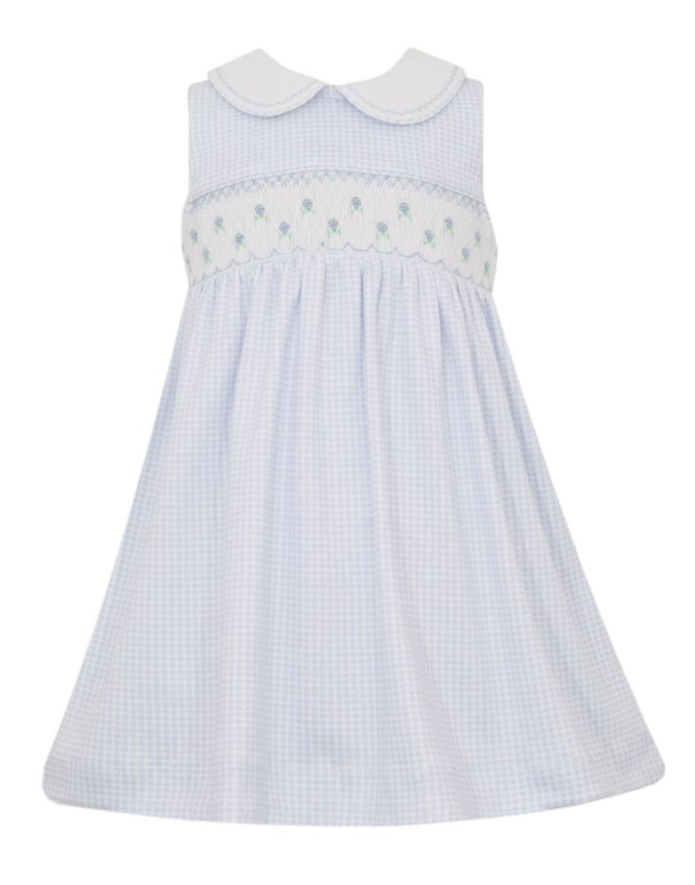 Petit Bebe Knits Girls Light Blue Gingham Sleeveless Smocked Dress