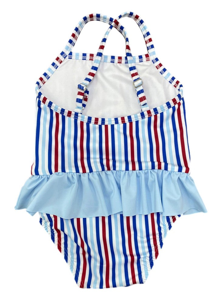 James & Lottie Girls Lainey Skirted Swimsuit - Patriotic Stripes