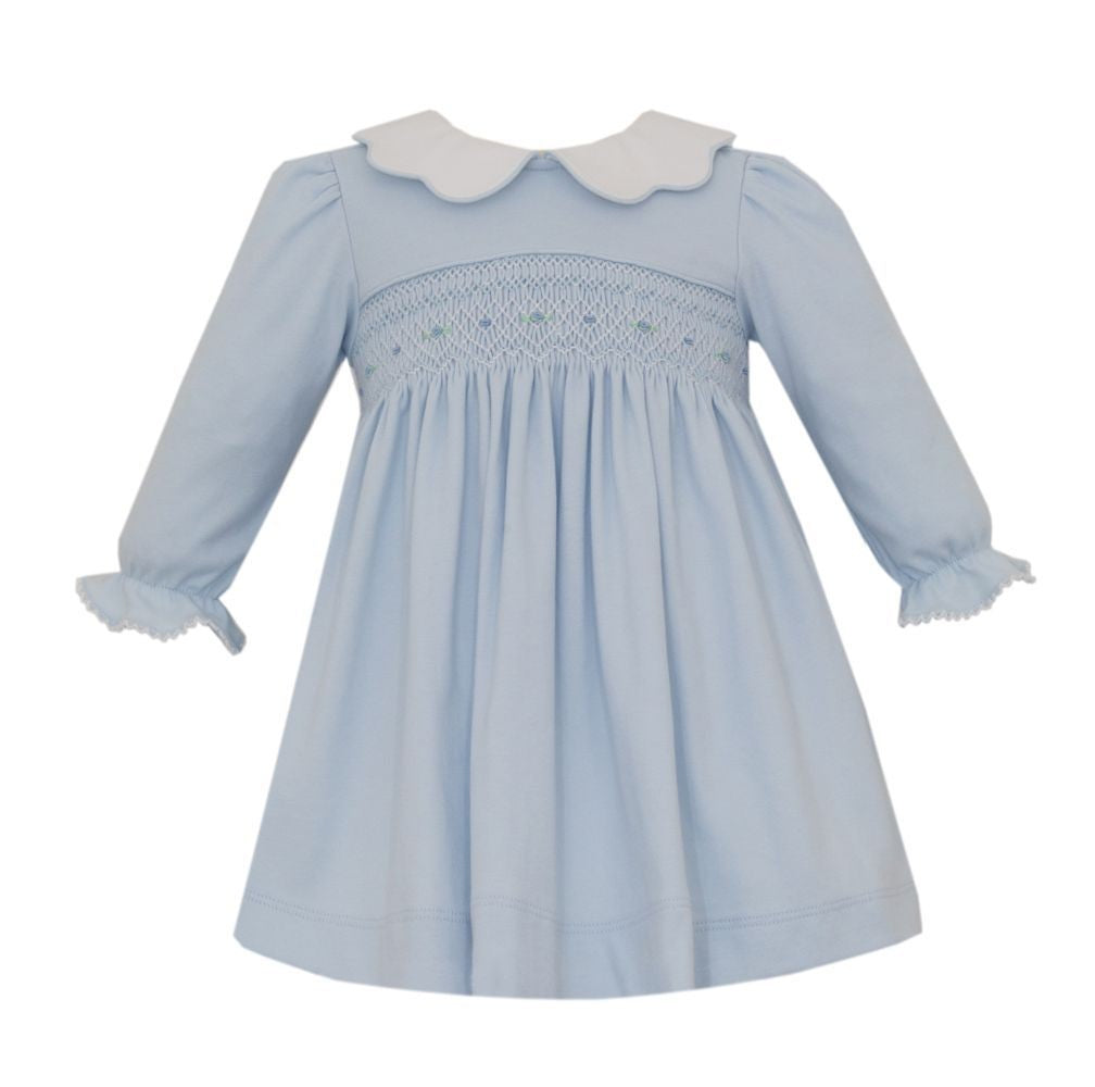 Petit Bebe Knits Toddler Girls Blue Smocked Dress - Scallop Collar by Petit Bebe