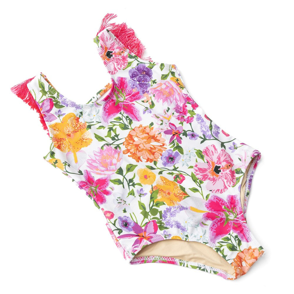 Shade Critters Girls Summer Gardens Floral Swimsuit - Pink Fringe Back