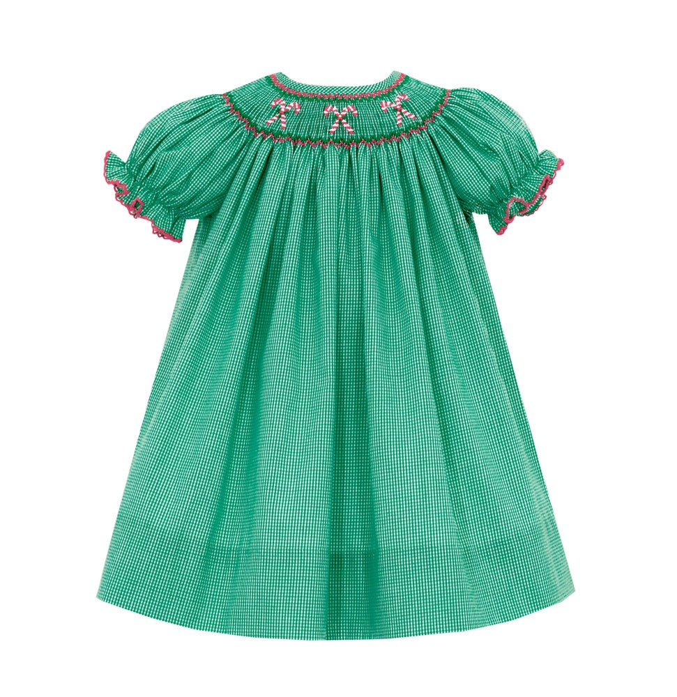 Petit Bebe Girls Green Gingham Smocked Candy Canes Bishop Dress