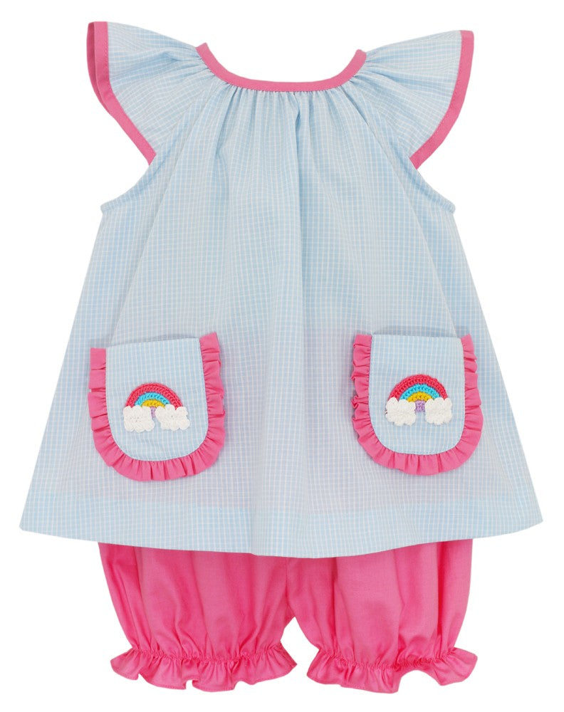 Claire & Charlie Baby / Toddler Girls Blue Check Rainbow Pockets Pink Bloomers Set