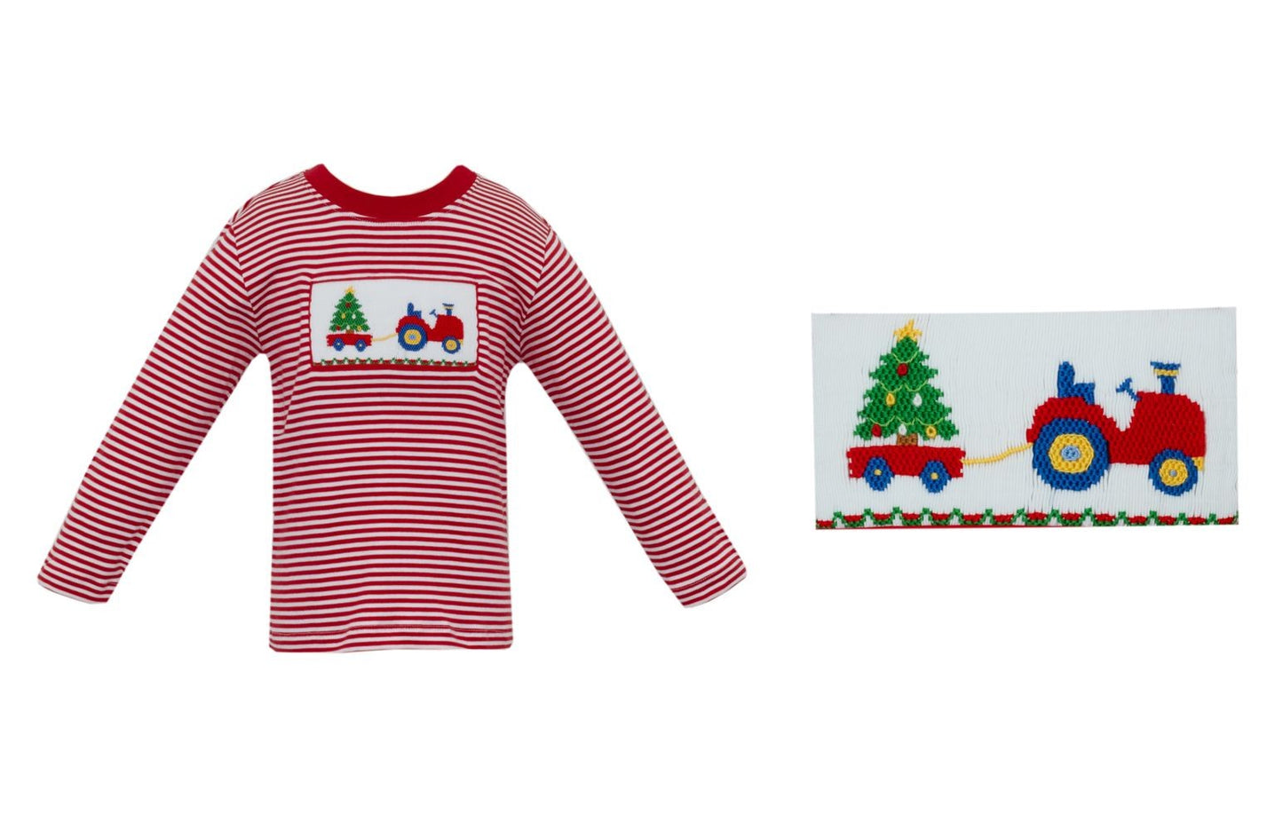 Anavini Boys Red Striped Shirt - Smocked Christmas Tree Tractor