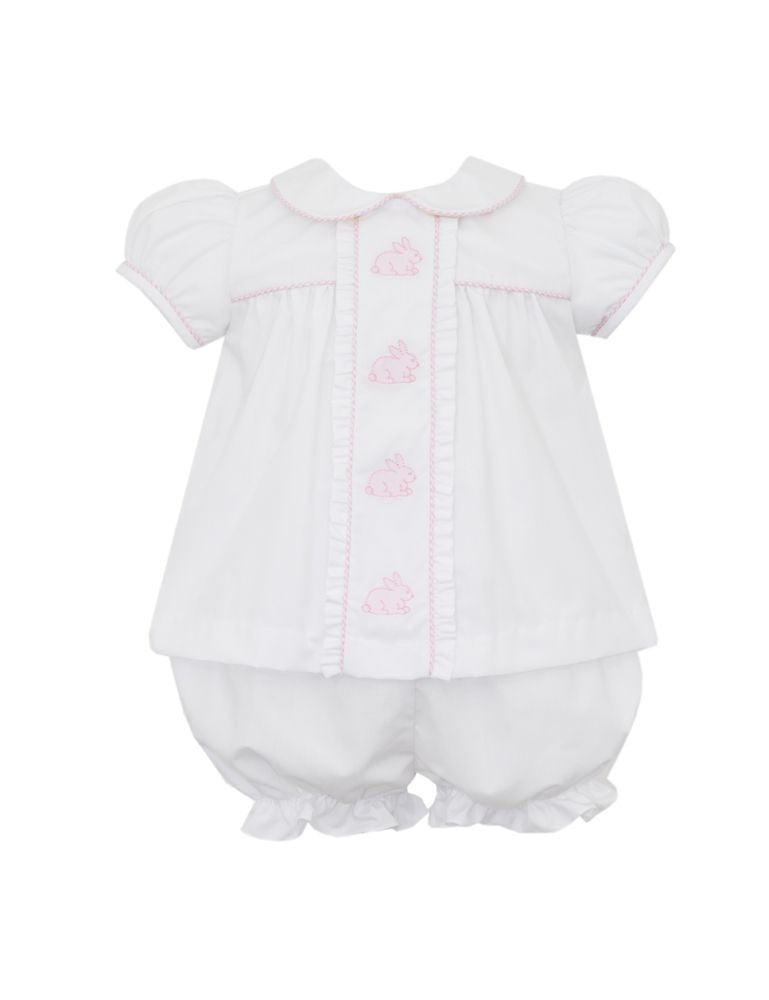 Anavini Baby Girls White Poplin Bloomer Set - Pink Bunnies