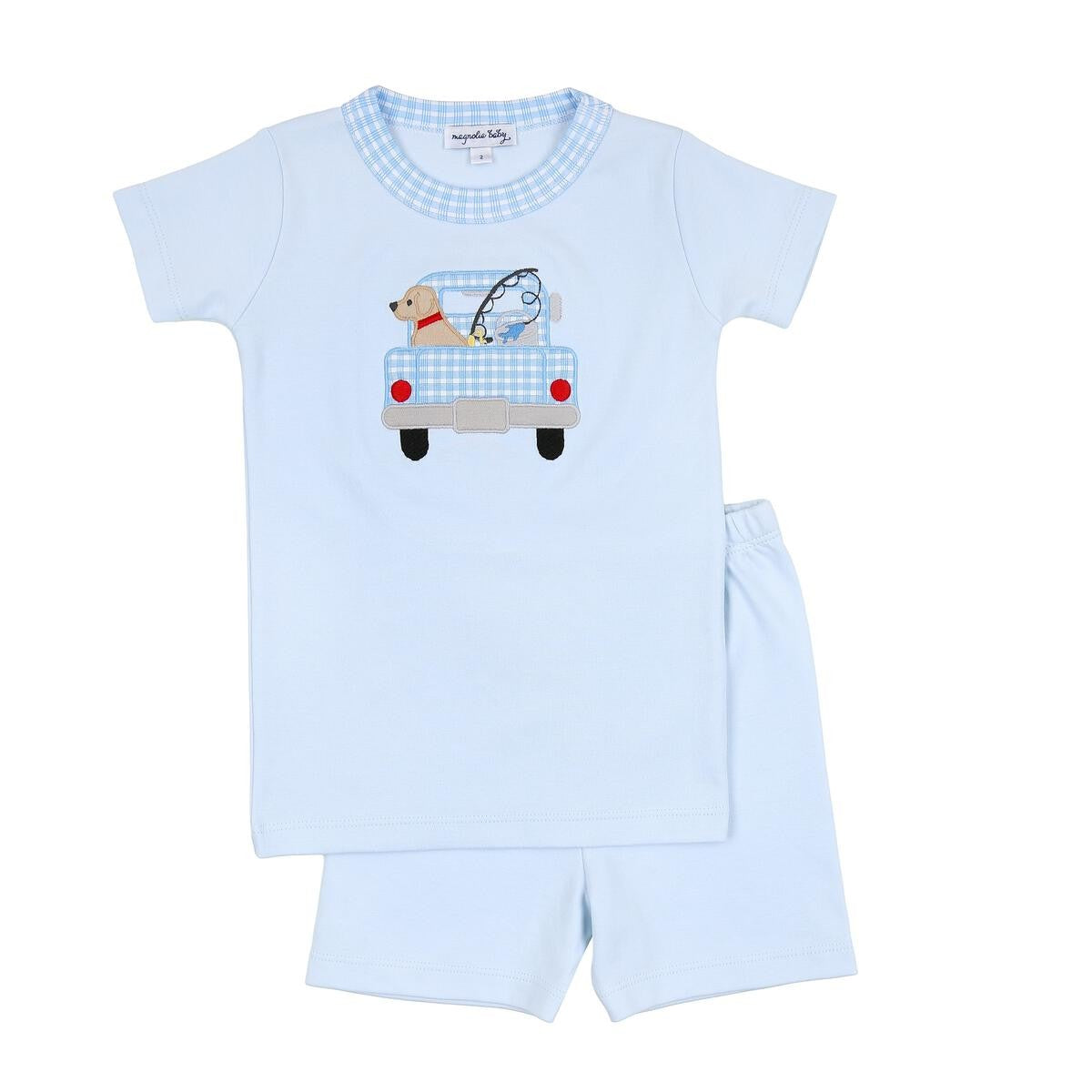Magnolia Baby Boys Blue Fresh Caught Fishing Dog Applique Short Pajamas by Magnolia Baby