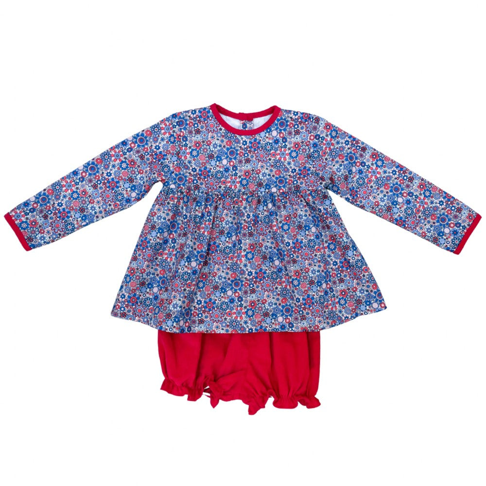 James & Lottie Girls Evie Bloomers Set - Blue Floral Top with Red Bloomers